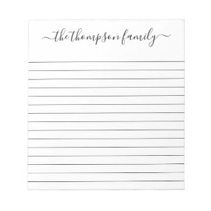 Lined Simple Black White Script Family Name Notepad