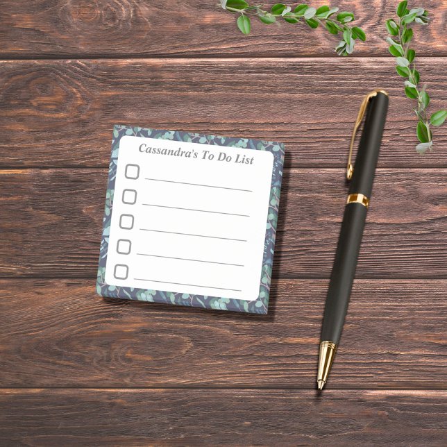 Lined To Do List Blue Teal Foliage Sticky Post-it Notes (Personalized to do list sticky notepad with checkboxes. Leafy eucalyptus botanical border.)