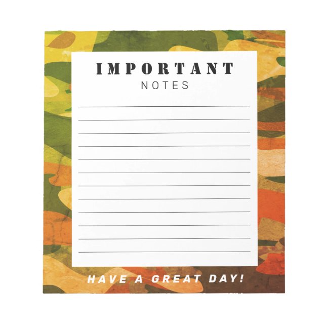 Lined writing notepad with green army camo border (Front)