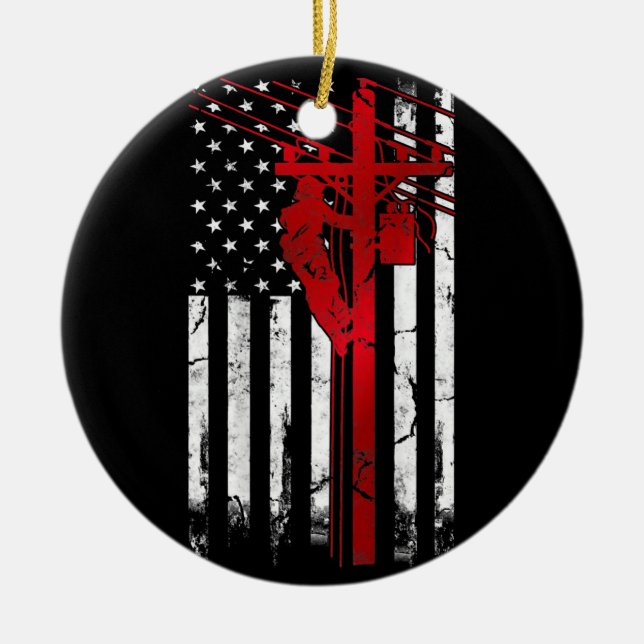 Lineman American Flag Electric Cable Lineman Ceramic Tree Decoration (Front)
