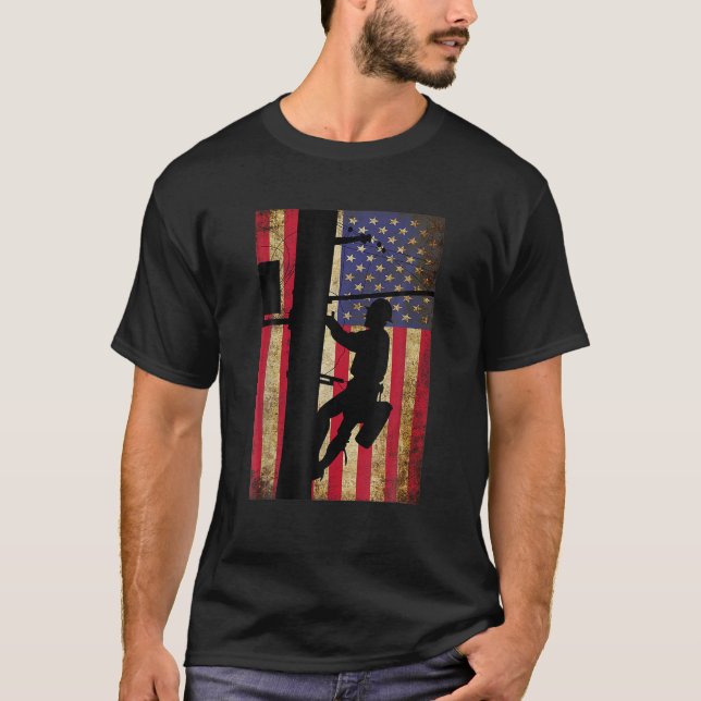 Lineman American Flag | Electric Cable Lineman Gif T-Shirt (Front)