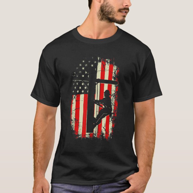Lineman American Flag  Electric Cable Lineman T-Shirt (Front)