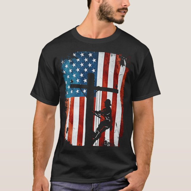 Lineman American Flag  Electric Cable Lineman T-Shirt (Front)
