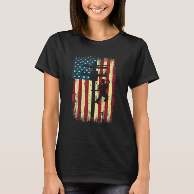 Lineman American Flag  Electric Cable Lineman T-Shirt (Front)