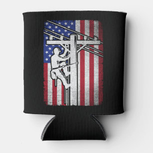 Lineman American Flag Electric Cable Lineworker Can Cooler