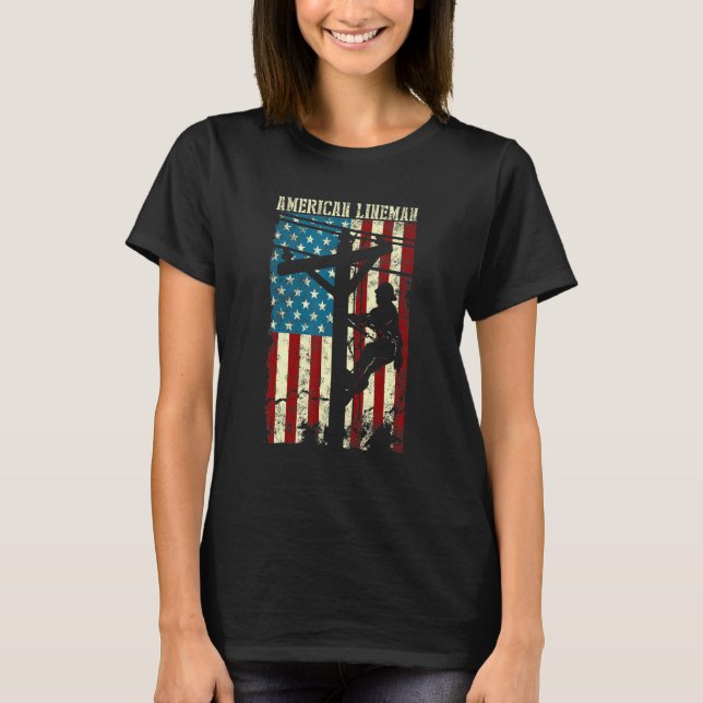 Lineman American Usa Flag Electric Cable Patriotic T-Shirt (Front)