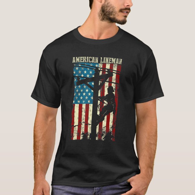 Lineman American Usa Flag Electric Cable Patriotic T-Shirt (Front)