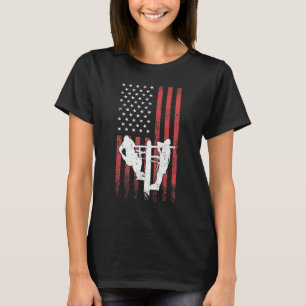 Lineman Electric Cable Lineman Power Pole USA Flag T-Shirt