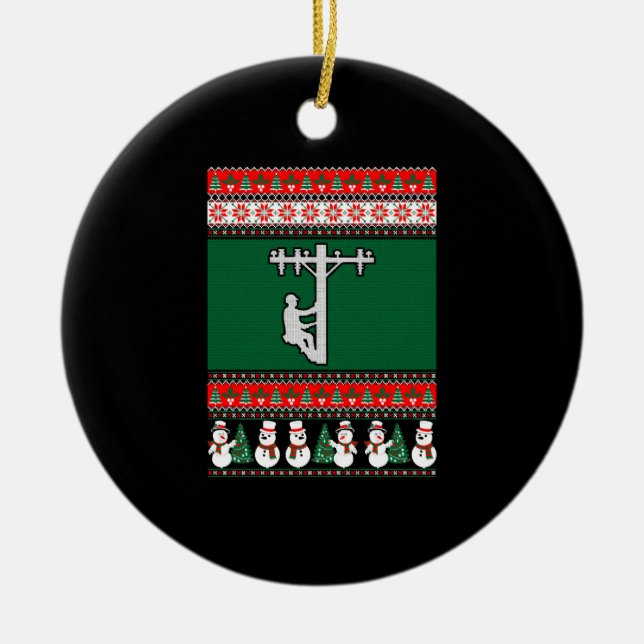 Lineman Ugly Christmas Sweater Ceramic Tree Decoration (Front)