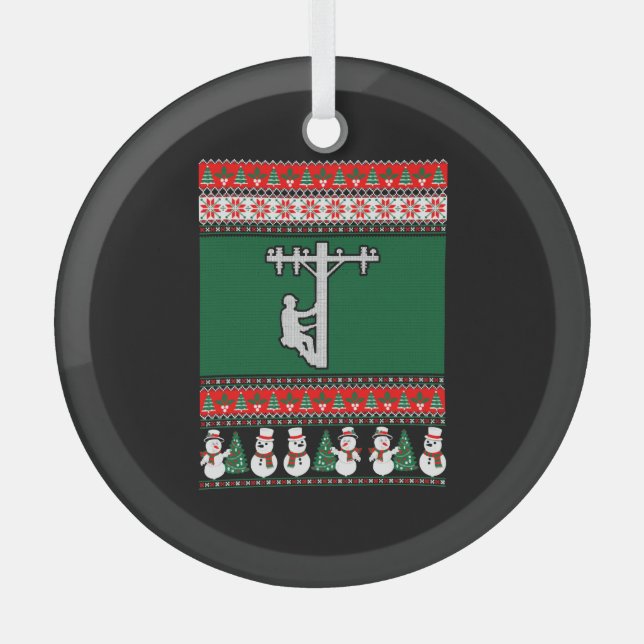 Lineman Ugly Christmas Sweater Glass Tree Decoration (Front)