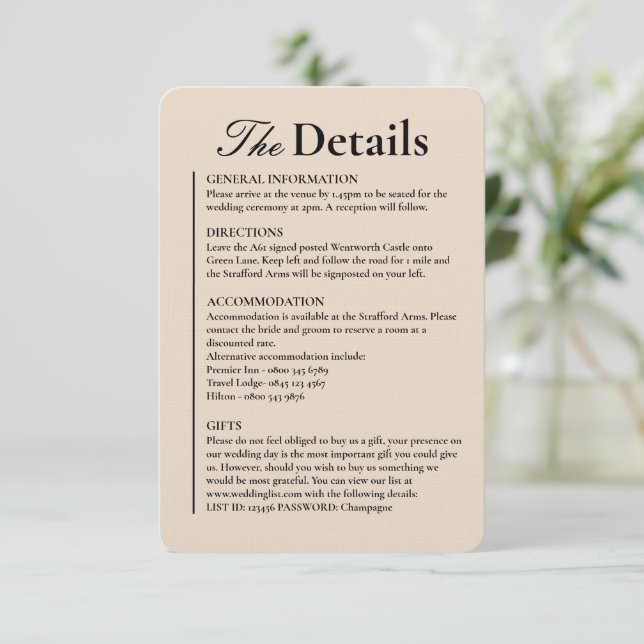 Linen Almond Wedding Details Enclosure Card (Standing Front)