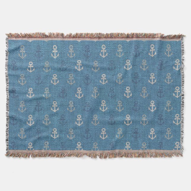 Linen Anchors on Blue Throw Blanket (Front)