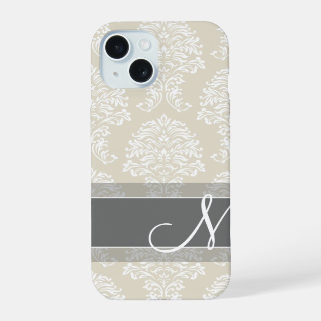 Linen and Charcoal Damask Pattern with Monogram iPhone 15 Case (Back)