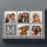 Linen and Grey Instagram 5 Photo Collage Monogram Plaque<br><div class="desc">Pastel Beige and Charcoal Custom Damask Pattern - Use five square photos to create a unique and personal gift. Or you can keep the hipster puppy and make a trendy keepsake. You can also add wedding photos of selfies for a memorable keepsake. If you need to adjust the pictures, click...</div>
