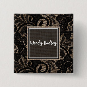 Linen and lace customisable name 15 cm square badge