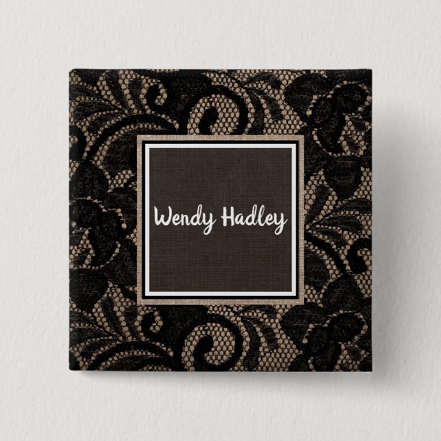 Linen and lace customisable name 15 cm square badge (Front)