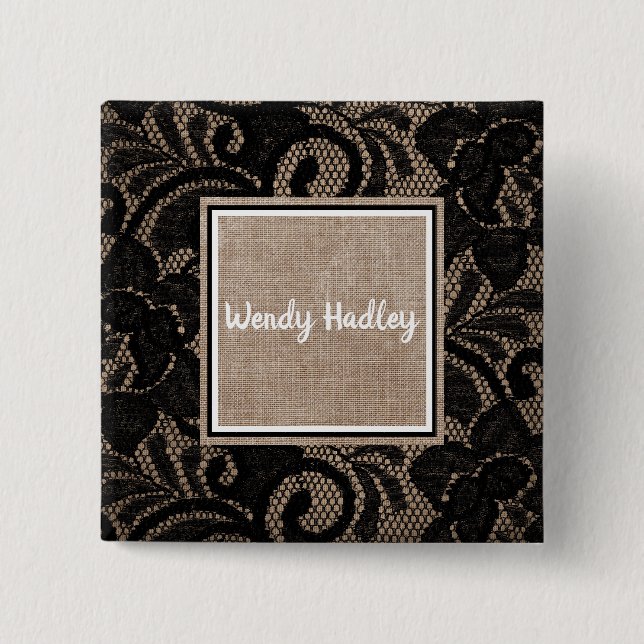 Linen and lace customisable name button (Front)