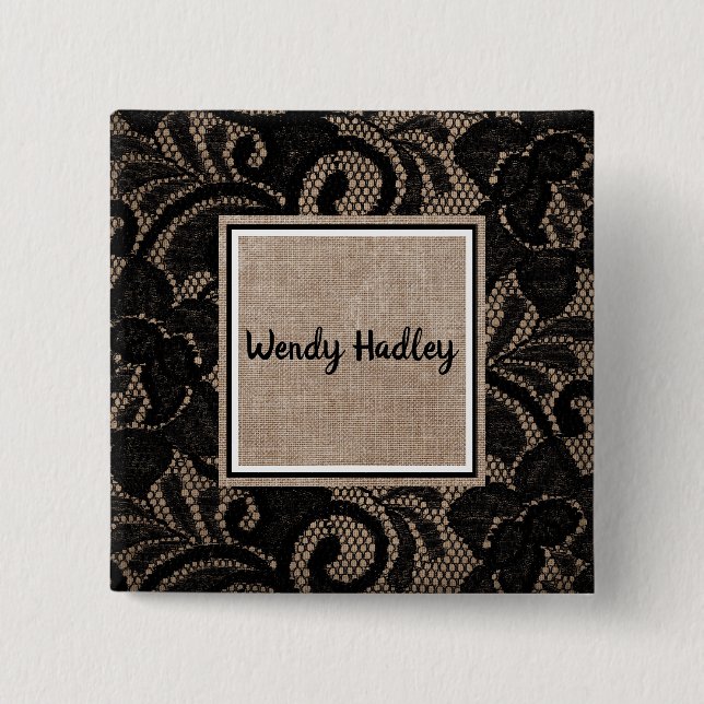 Linen and lace customisable name button (Front)