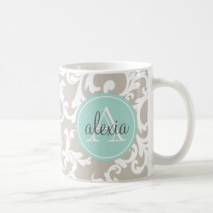 Linen and Mint Monogrammed Damask Print Coffee Mug