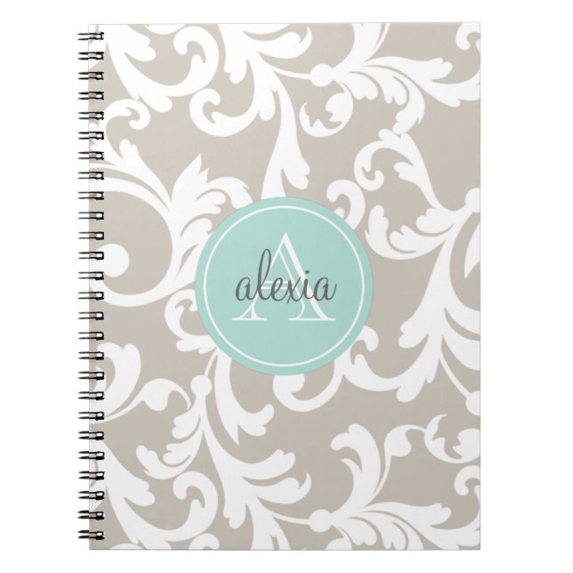 Linen and Mint Monogrammed Damask Print Notebook (Front)