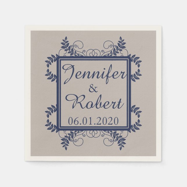 Linen and Navy Vintage Wedding Napkin (Front)