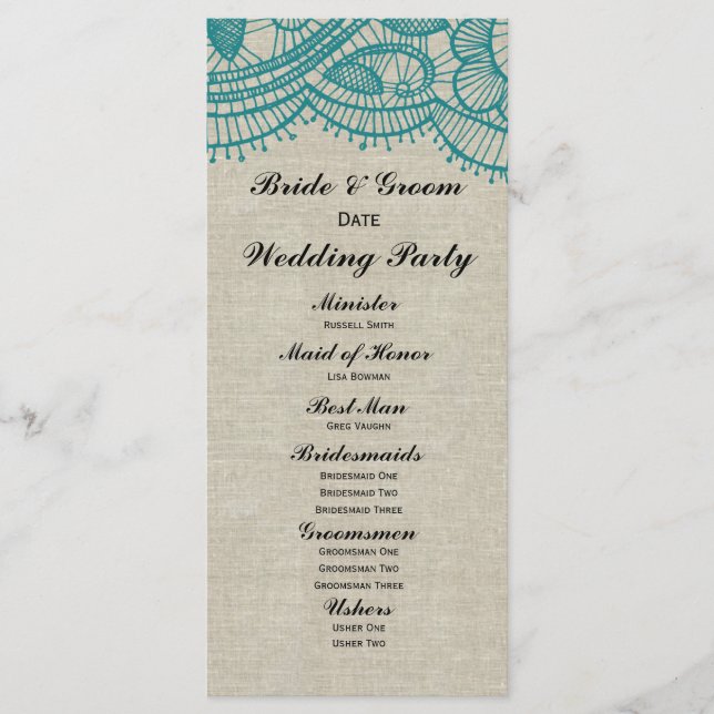 Linen and Teal Lace Wedding Program Programme (Front)