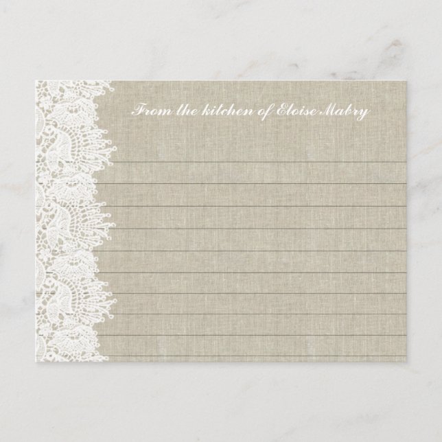 Linen and White Lace Personalised Recipe Cards (Front)