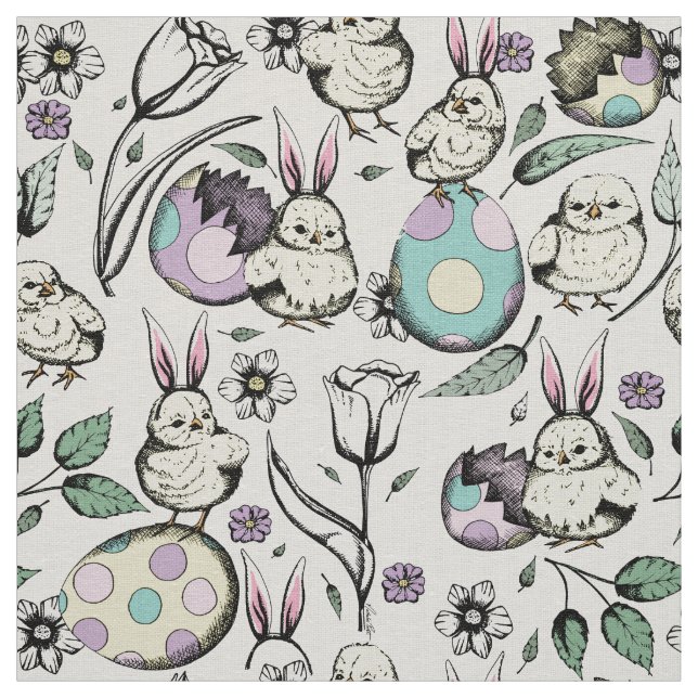 Linen Baby Chicks, Bunny Ears, Flowers & Eggs Fabric (Swatch)