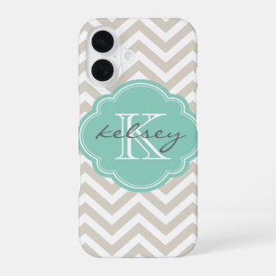 Linen Beige and Aqua Chevron Custom Monogram iPhone 16 Case