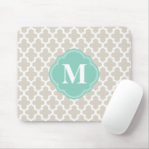 Linen Beige and Aqua Moroccan Custom Monogram Mouse Mat