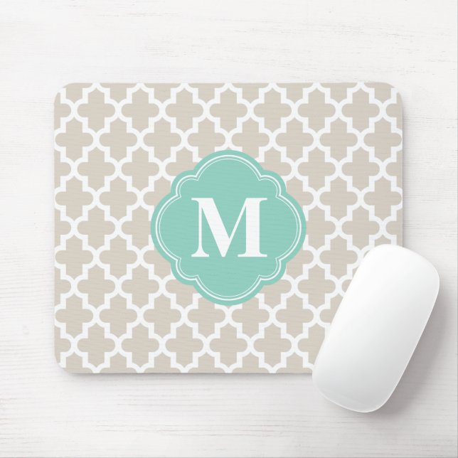 Linen Beige and Aqua Moroccan Custom Monogram Mouse Mat (With Mouse)