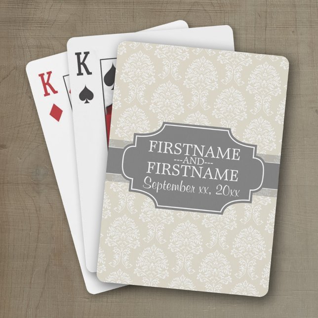 Linen Beige and Charcoal Damask Pattern Playing Cards (Wedding and Anniversary Playing Cards - Personalize with your information)