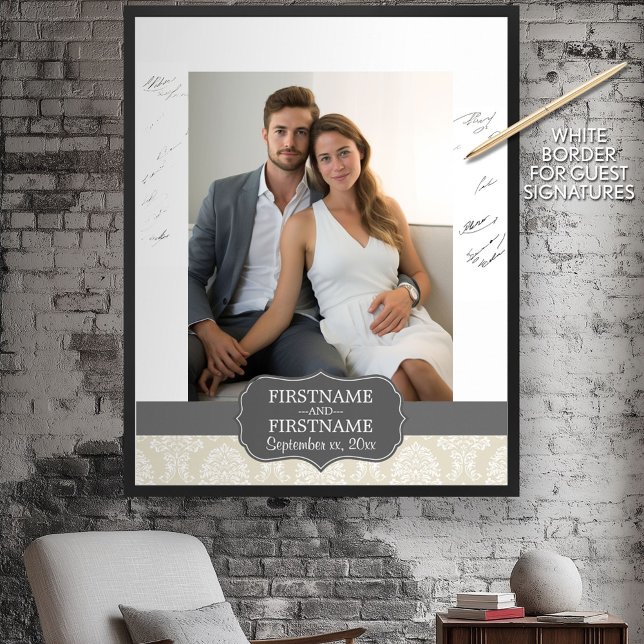 Linen Beige and Charcoal Damask Pattern Poster (Custom Guest Book Poster)