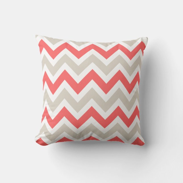 Linen Beige and Coral Chevron Cushion (Front)