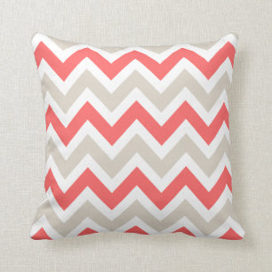 Linen Beige and Coral Chevron Cushion