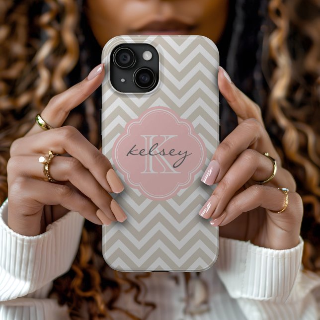 Linen Beige and Pink Chevron Custom Monogram Case-Mate iPhone Case (Creator Uploaded)