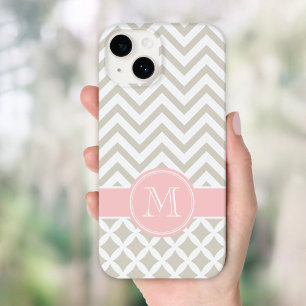 Linen Beige and Pink Chevron Custom Monogram Case-Mate iPhone 14 Case