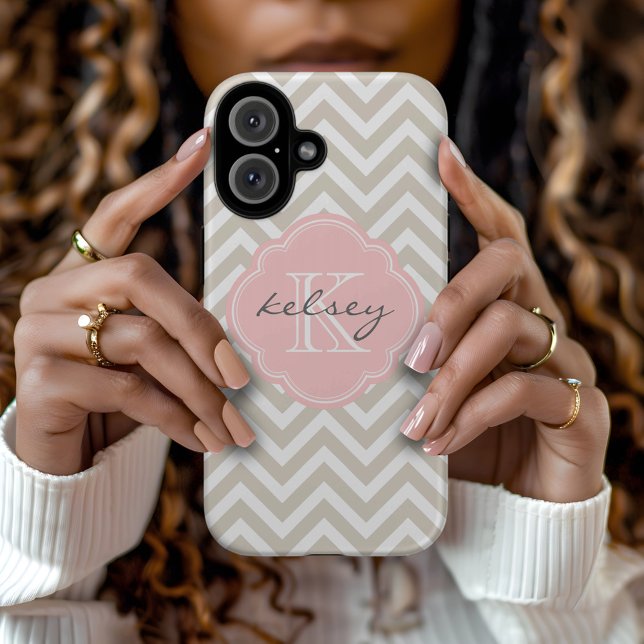 Linen Beige and Pink Chevron Custom Monogram Case-Mate iPhone Case (Creator Uploaded)