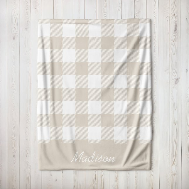 Linen Beige and White Buffalo Check Monogram Fleece Blanket (Creator Uploaded)