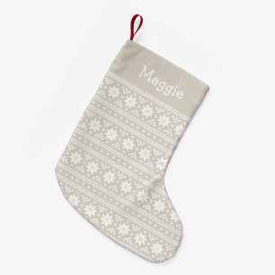 Linen Beige and White Fair Isle Monogram Small Christmas Stocking