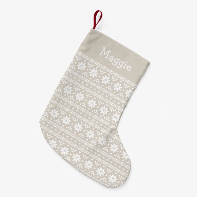 Linen Beige and White Fair Isle Monogram Small Christmas Stocking (Front (Hanging))