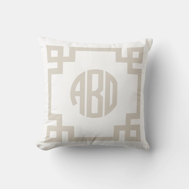 Linen Beige and White Greek Key Circle Monogram Cushion (Front)