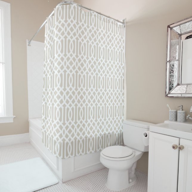 Linen Beige and White Trellis Shower Curtain (In Situ)