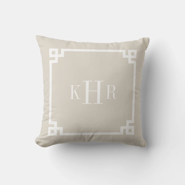 Linen Beige Greek Key Border Custom Monogram Outdoor Cushion (Front)