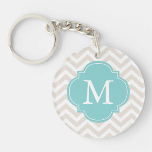 Linen Beige & Mint Zigzag Pattern Monogram Key Ring