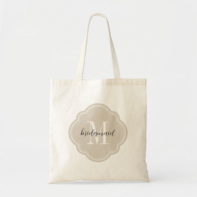 Linen Beige Monogram Bridesmaid Tote Bag (Front)