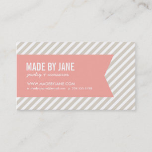Linen Beige & Pink Modern Stripes & Ribbon Business Card