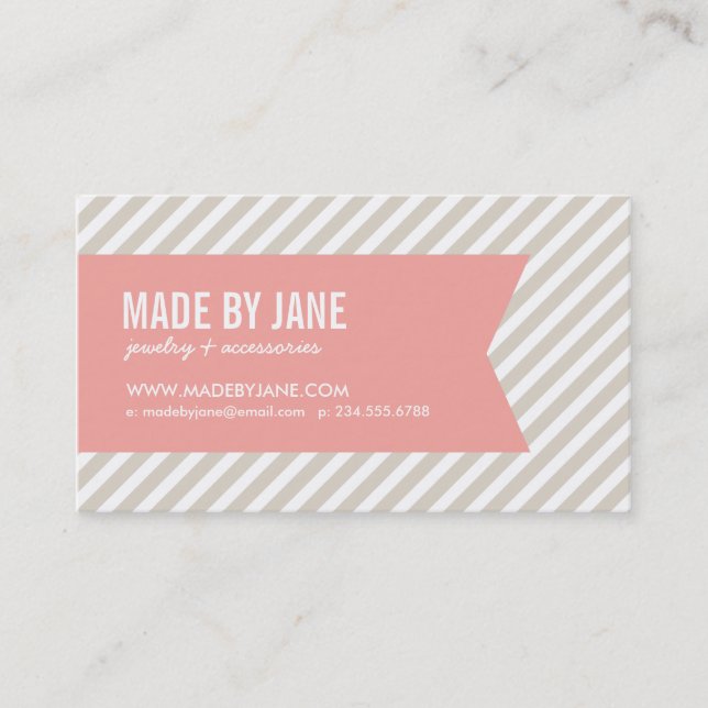 Linen Beige & Pink Modern Stripes & Ribbon Business Card (Front)