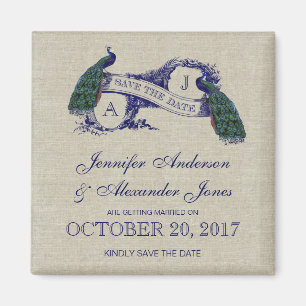 Linen Blue Peacock Save the Date Magnet