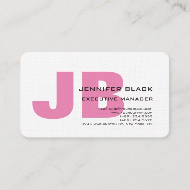 Linen Bold Monogram Pink White Modern Minimalist Business Card (Front)